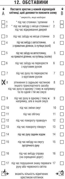 Приклад заповнення обставин ДТП у європротоколі (паперовому)