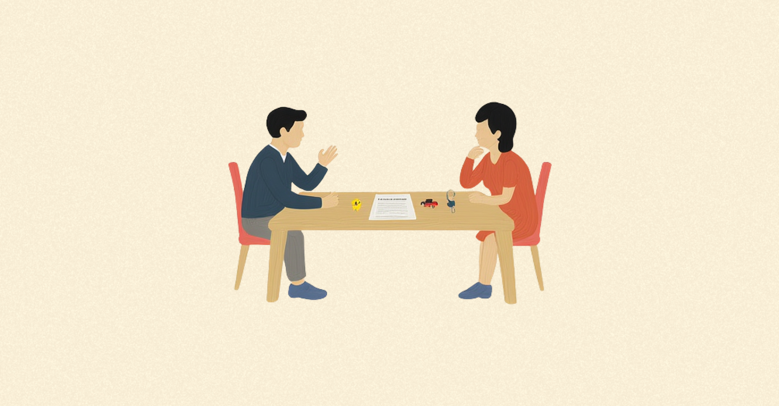 Спокійна ілюстрація: чоловік і жінка сидять одне навпроти одного за столом, між ними лежить договір про поділ майна подружжя, поруч умовні іконки будинку та ключів від авто.