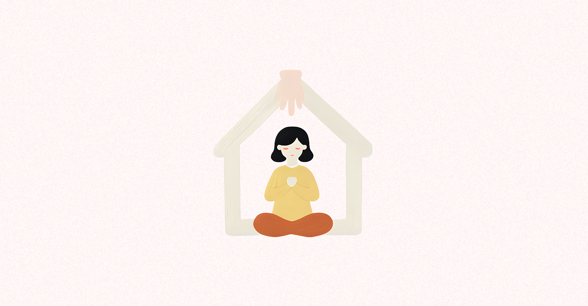 Мінімалістична плоска ілюстрація сумної жінки, яка сидить наодинці, притиснувши коліна до грудей, всередині контуру маленького будинку. Зверху з'являється м'яке світло або захисна рука, що символізує допомогу та правовий захист. Ілюстрація на тему: "Відповідальність за домашнє насильство в Україні: яке покарання і захист передбачає закон в Україні".