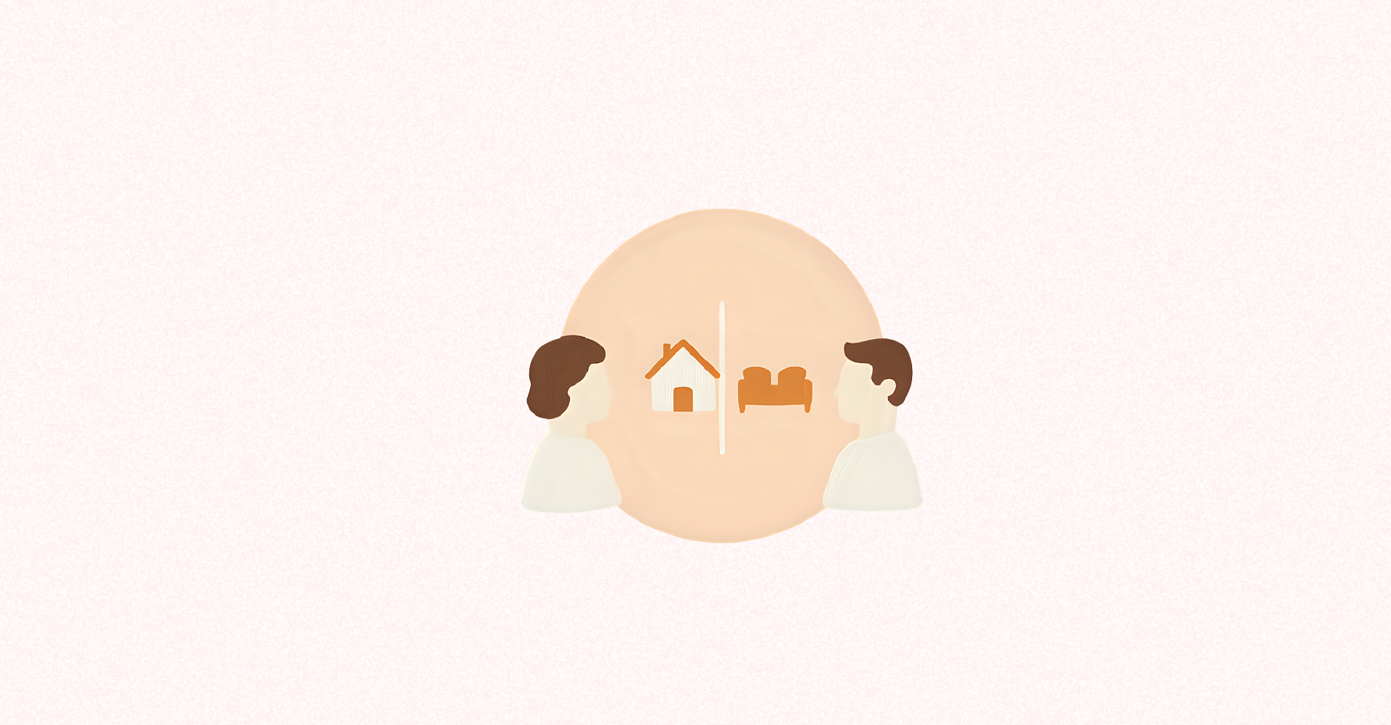 Мінімалістична ілюстрація двох людей, що стоять один до одного, будинок і меблі, розділені навпіл між ними. Ілюстація до статті на тему: "Як ділиться майно при розлученні: пояснюємо простими словами"