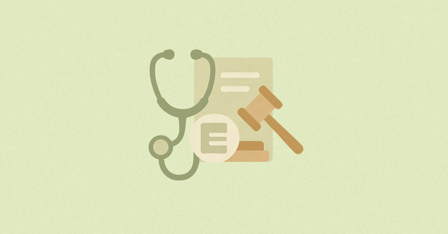 Мінімалістична плоска ілюстрація документа з медичним хрестом і стрілка, що символізує юридичну апеляцію медичного рішення. Ілюстрація на тему: "Як оскаржити рішення ВЛК"