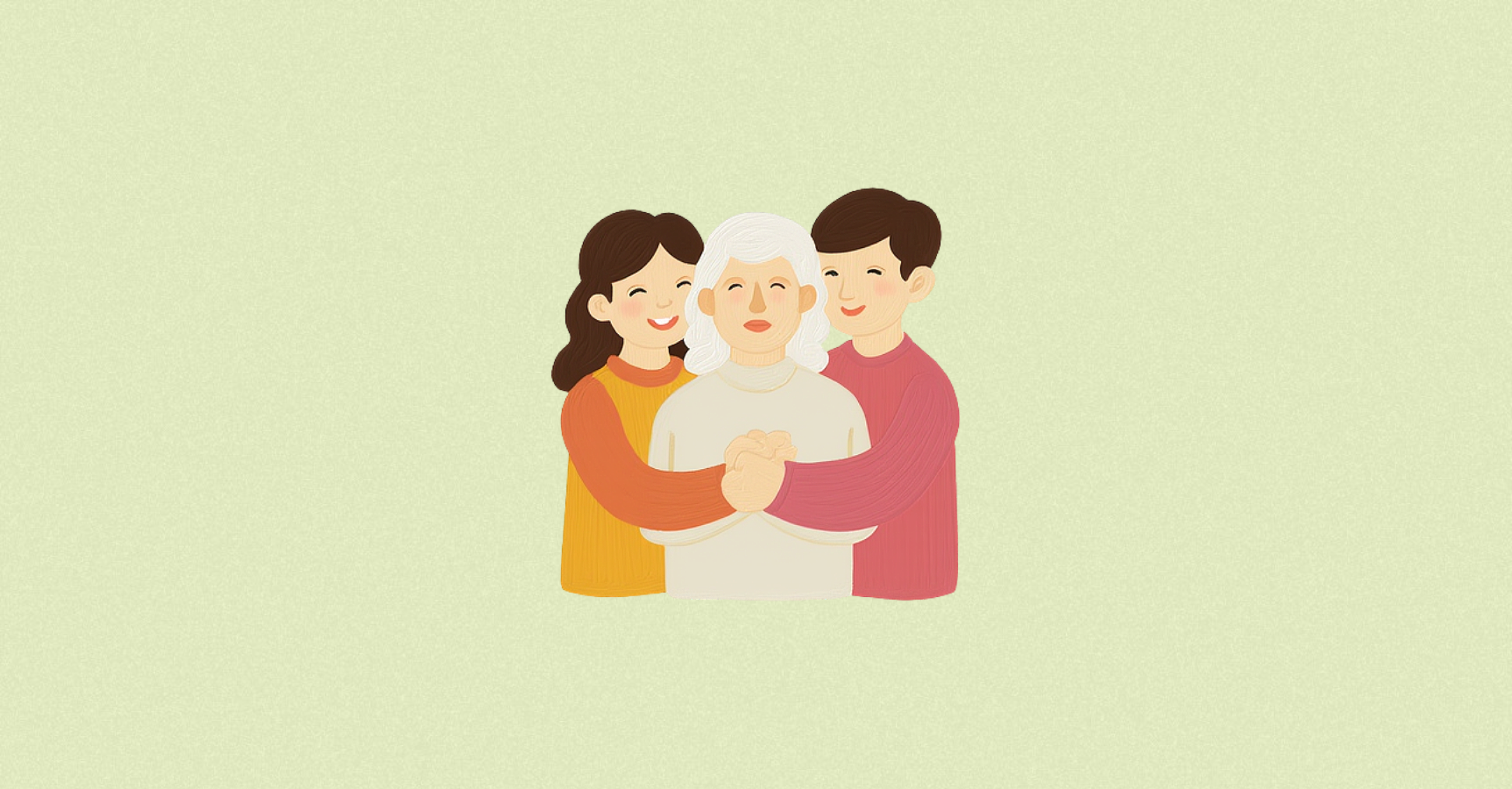 Сцена сімейної підтримки літньої людини: близькі обіймають та захищають її, візуально передаючи турботу й довіру в контексті того, як визнати людину недієздатною та забезпечити коректне визнання особи недієздатною через суд.