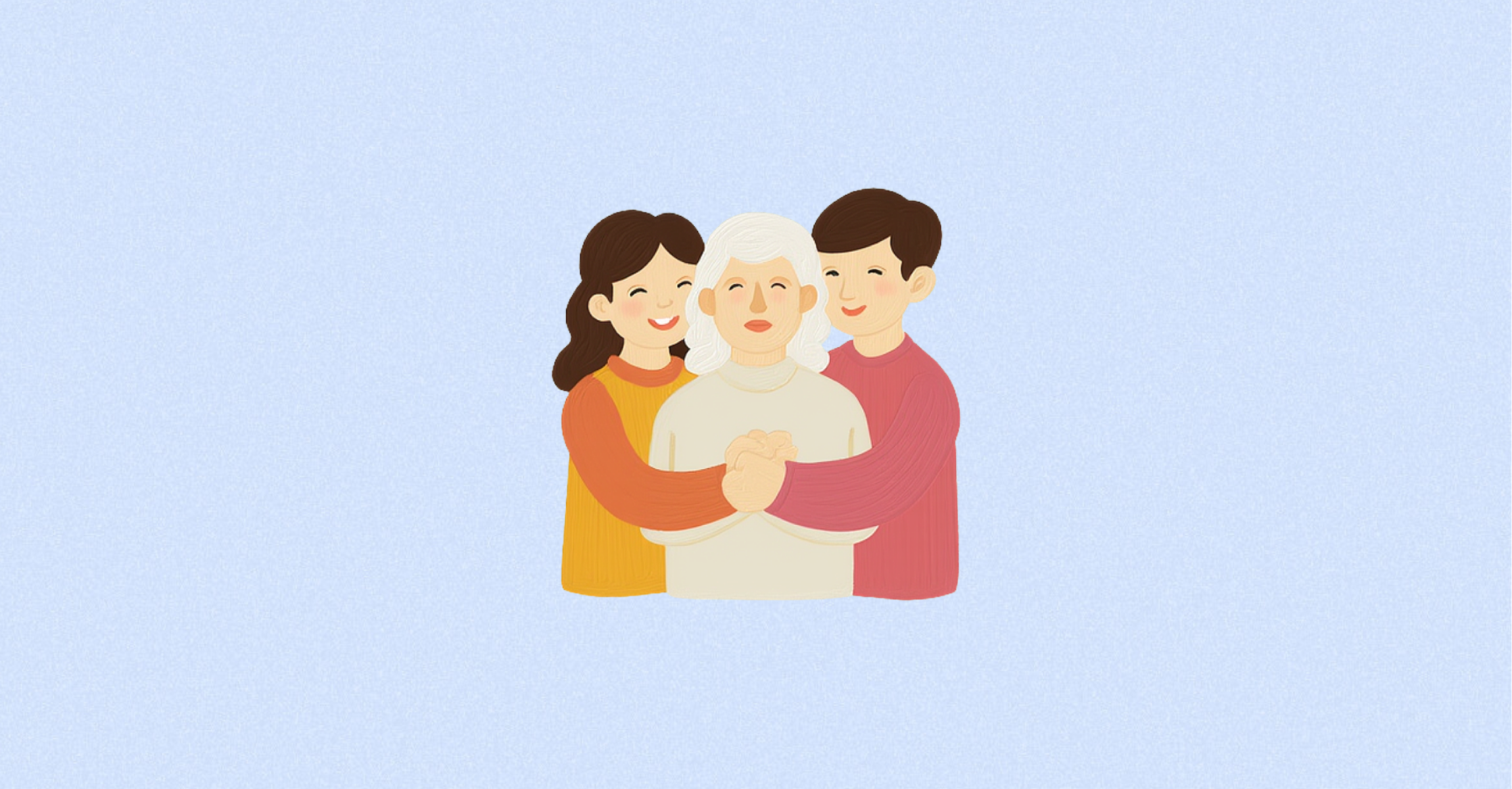 Сцена сімейної підтримки літньої людини: близькі обіймають та захищають її, візуально передаючи турботу й довіру в контексті того, як визнати людину недієздатною та забезпечити коректне визнання особи недієздатною через суд.