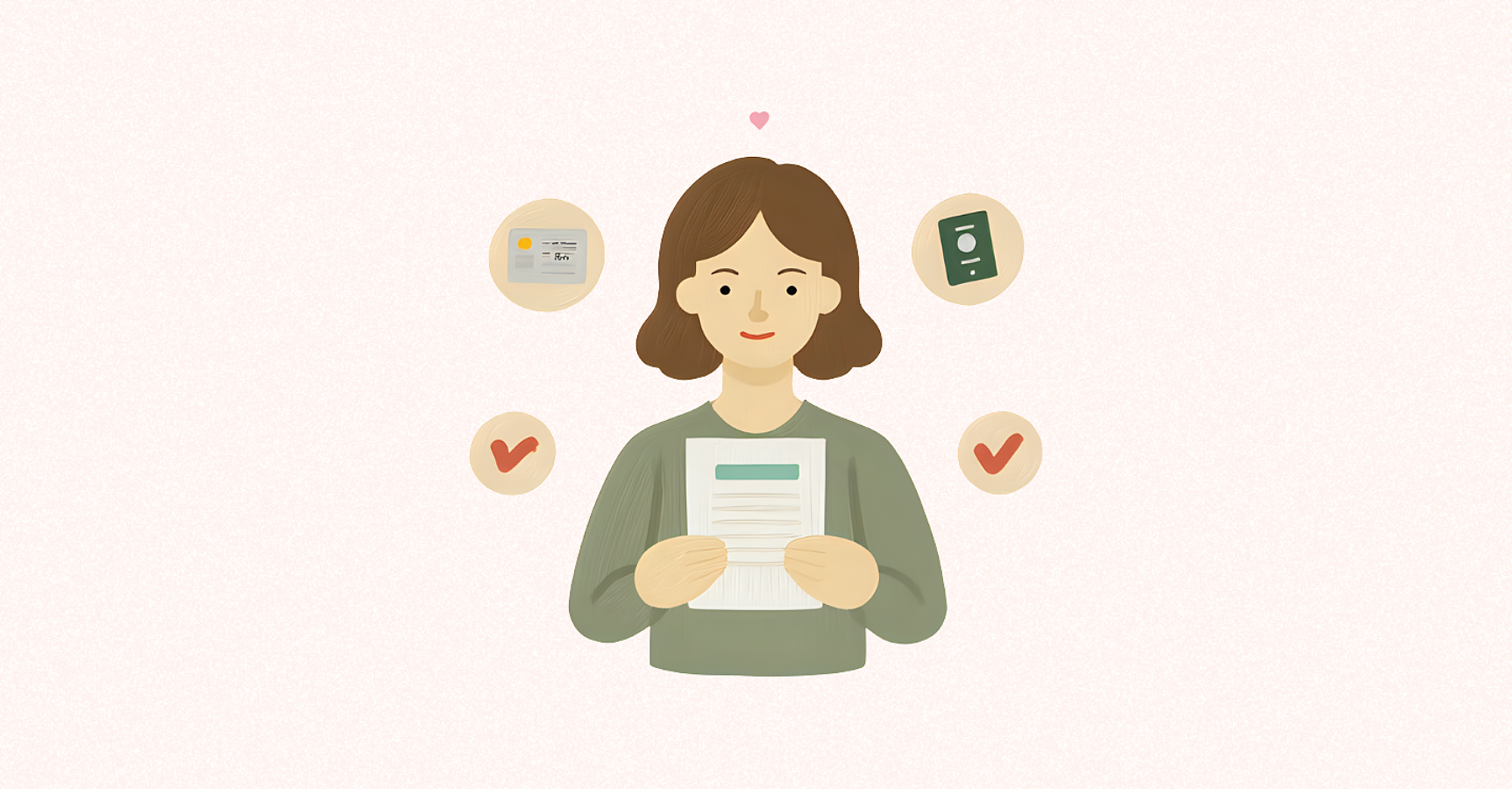 Ілюстрована дівчина на фоні документів — паспорт, ІПН, заява — символізує, як змінити прізвище після одруження під час воєнного стану: покрокове оформлення та оновлення документів